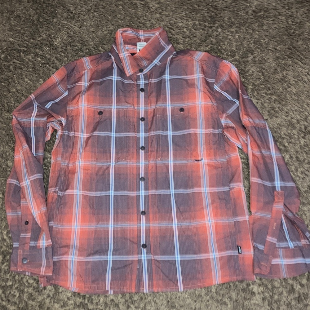 REI Men's Casual Plaid Toll Tab Gorpcore Button down  Shirt Orange/Blue/ Red M